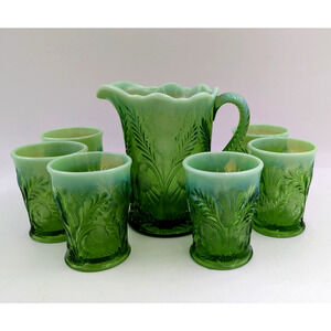 Rare Mosser Green Opalescent Glass Pitcher and 6 Glasses Set - Inverted Thistle